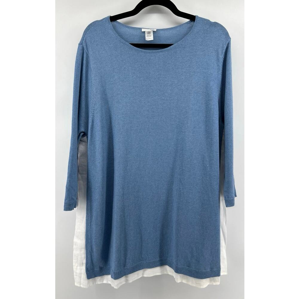J.Jill Linen Cotton Sweater Shirt Women's Size XL Blue Nautical 3/4 Sleeve Tunic
